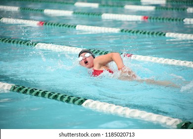 Girl Competitive Swimmer Races During A Swim Meet In Swimming Pool Freestyle