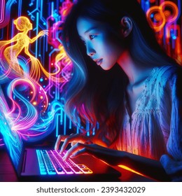 girl with a computer in neon colors