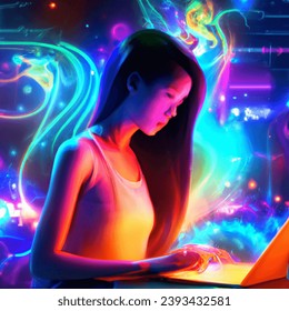 girl with a computer in neon colors