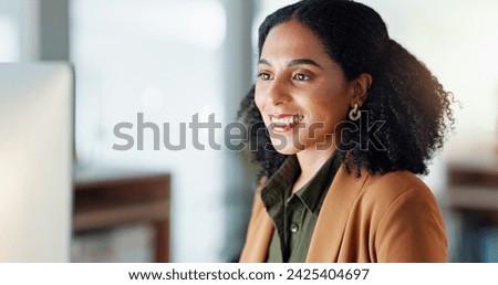 Girl at computer in office, thinking and reading email report, feedback review or article at digital agency. Internet, research and woman at tech startup networking, writing schedule or admin project