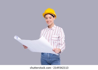 Girl Construction Worker Holding House Plan in Hands Watching in Camera. Girl Architect Holding Blueprints. Yellow Hard Helmet. Worker