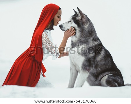 Girl in costume Little Red Riding Hood with dog malamute like a wolf.  She keeps dog's muzzle. On white background.