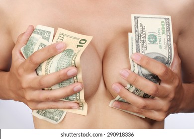 Girl Covered Her Breast With Money (dollars)