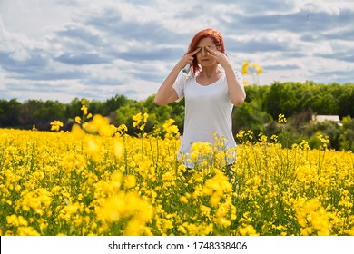 Girl Cries And Rubs Her Eyes Due To Allergy To Pollen