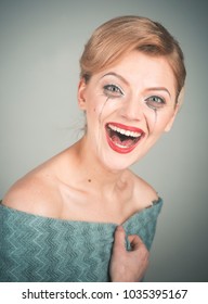 Girl Cry With Mascara Streams On Face. Lady With Blonde Hair And Elegant Hairstyle Cry. Woman With Smiling Face With Makeup On Grey Background. Tears Of Happiness Concept.