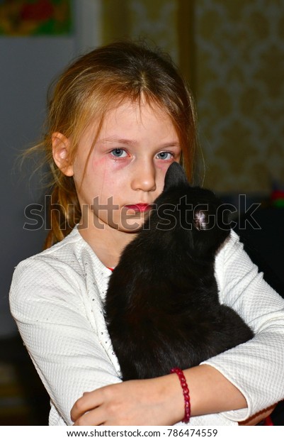 Girl Crying Tears Closeup Black Cat Stock Photo (Edit Now) 786474559