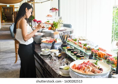 Girl Customer Self Service In Restaurant Buffet Line In Hotel Restaurant