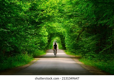 A girl cyclist is riding her road bike on the road in a beautiful thick green forest. Bikegirl in mystery forest. Whire roadbike. Black cycling suit.