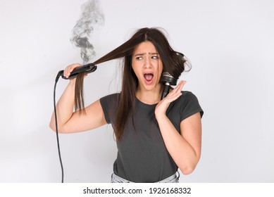 Girl With Damaged Hair Unhappy Dry Hair Ends And Iron Burning Smoke, Damaged Cut Bad Hair Concept