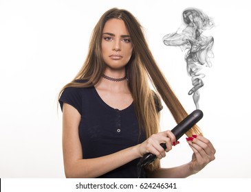 Girl With Damaged Hair Unhappy Dry And Iron Burning Smoke Cut Bad Hair Concept