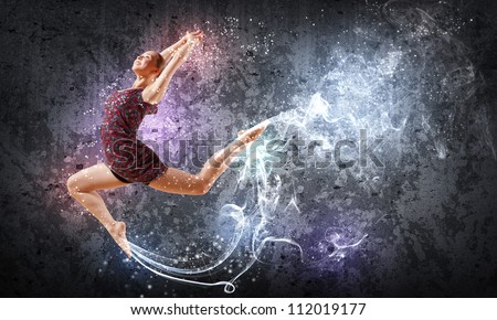 Girl dancing in a color dress with a gray background. Collage Stock photo © 