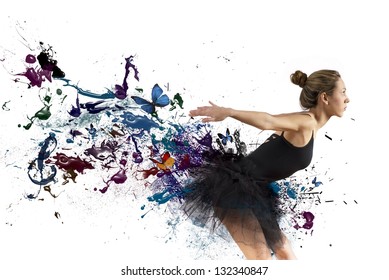 Girl dancing with motion effect on white background
