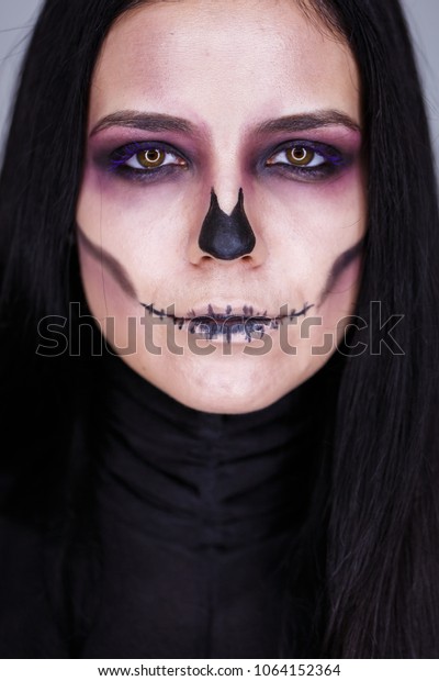 Girl Dark Black Hair Eyes Halloween People Beauty Fashion Stock