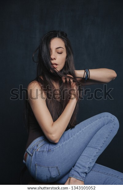 Girl Dark Long Hair Blue Jeans Stock Photo Edit Now