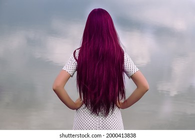 Girl With Dark Purple Hair Outdoors, Back View