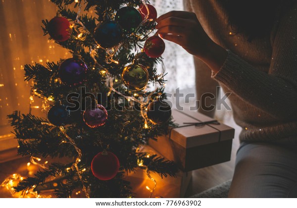 Girl Decorate Christmas Tree Holiday Balls Stock Photo Edit Now