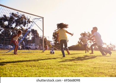 Girl defending goal at football game with family and friends
