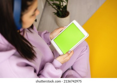 The Girl And Dog Behind The Phone Looks At The Green Screen.