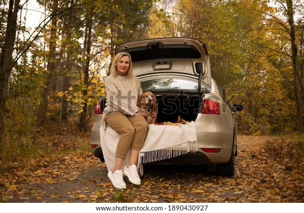 girl with a\
dog in a car in autumn in the\
forest