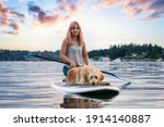 Girl with a dog on a paddle board during a vibrant summer sunset. Taken in Deep Cove, North Vancouver, BC, Canada. Colorful Art Render