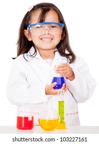 Girl doing chemical experiments at the lab - isolated over white