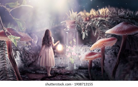 Girl in dress with shining lantern in hand walking in fantasy fairy tale elf forest, ghost rose flower bloom locked in bottle and moon rays, mysterious fir tree and mushrooms in magical elvish wood - Shutterstock ID 1908713155