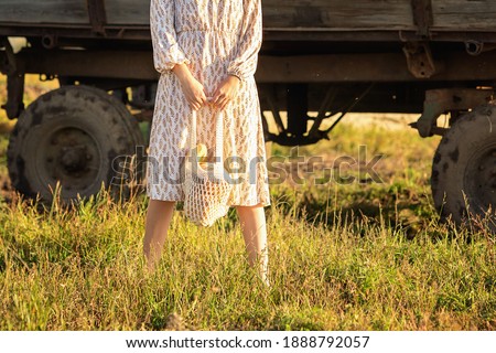 A girl in a dress stands in a field near a cart and holds a string bag with bread in her hands.