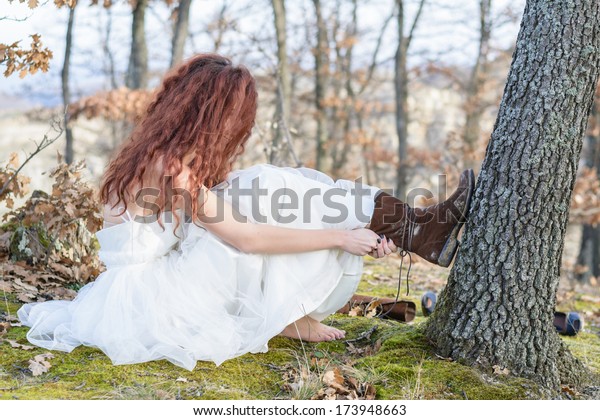 Girl Dressed White Wedding Dress Changing Stock Photo Edit Now