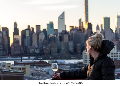 Girl Drinking Wine In New York City At Sunset - Rooftop Bar