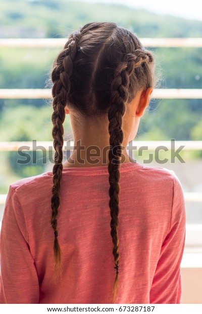 Girl Dutch Plaits Looking Out Window Stock Photo Edit Now