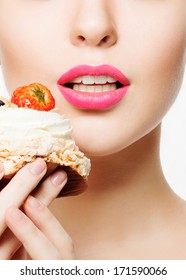 Girl Eating Cake Dessert Mouth Open