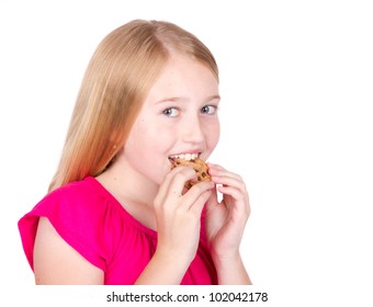 Girl Eating Chocolate Chip Cookie Isolated On White Background