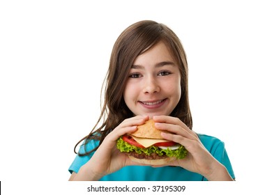 Girl Eating Healthy Sandwich Isolated On White Background