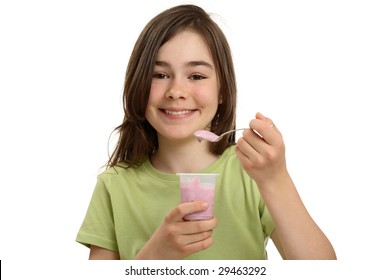 Girl Eating Yogurt Isolated On White Background