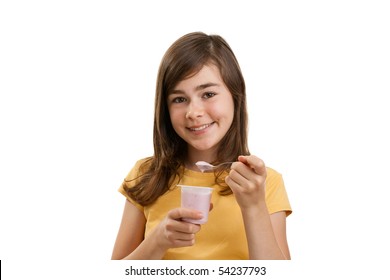 Girl Eating Yogurt Isolated On White Background