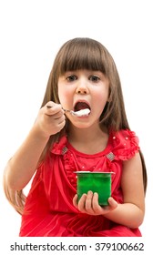 Girl Eating Yogurt On A White Background