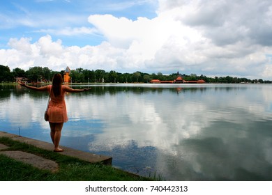 Girl enjoy on Palic lake and landscape. Palic lake is near Subotica city in Vojvodina - Serbia.