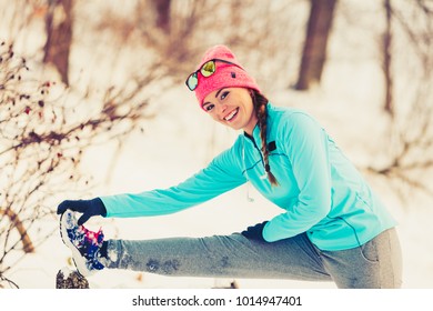 Girl Exercising On Bench. Winter Sports Fitness Fashion Health Concept