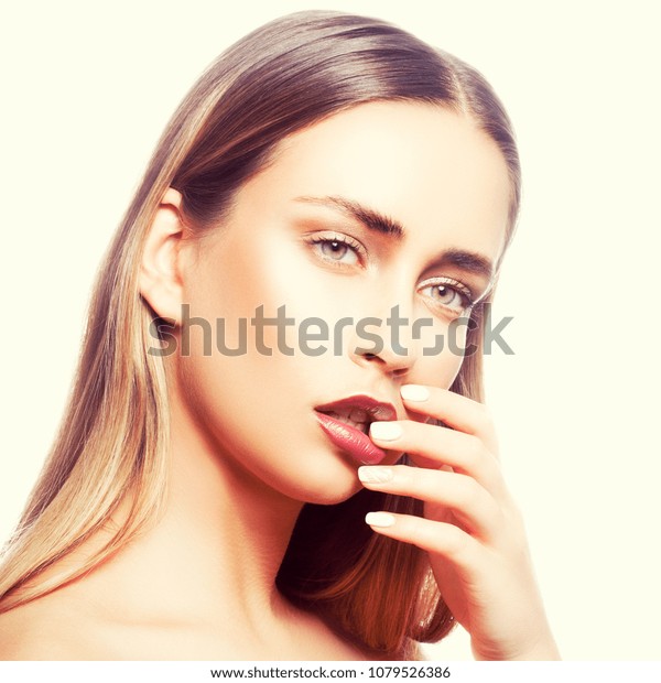 Girl Face Bright Makeup Hold Finger Stock Photo Edit Now 1079526386