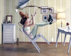 Girl Falls From A Chair In Vintage Room