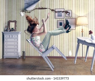 girl falls from a chair in vintage room