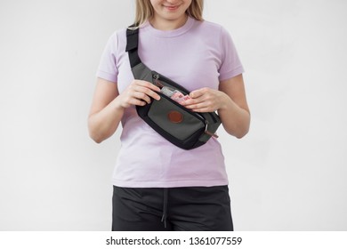 Girl With A Fanny Pack On A White Background