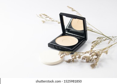 girl fashion beauty cosmetic makeup powder puff pact with mirror and herbal leaf tree on white background, stylist and facial concept - Shutterstock ID 1525981850
