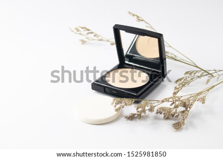 girl fashion beauty cosmetic makeup powder puff pact with mirror and herbal leaf tree on white background, stylist and facial concept