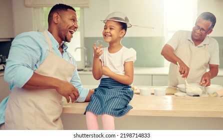 Girl, Father And Funny And Crazy Kitchen Entertainment With Child To Bond With Parent In Home. Silly, Cute And Happy Family Relationship With Innocent And Goofy Fun While Cooking Together.