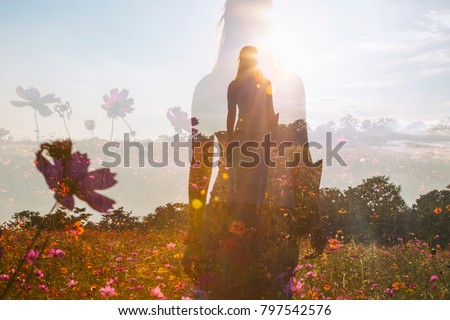 Girl in a field of flowers, double exposure