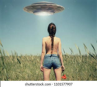 A girl in the field watching a UFO in the sky. Fiction scene with alien spaceship. Photo with 3d rendering element and vintage film camera effects, dust and scratches.