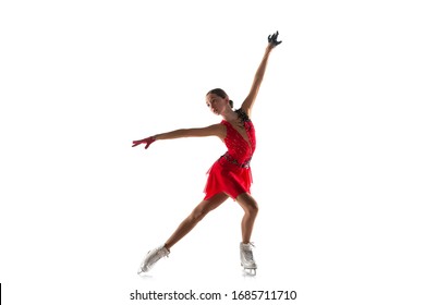 Girl Figure Skating Isolated On White Studio Backgound With Copyspace. Professional Practicing And Training In Action And Motion On Ice. Graceful And Weightless. Concept Of Movement, Sport, Beauty.