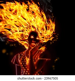 Girl in the fire on black background