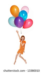 The girl flies on balloons